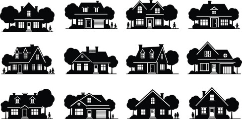 Obraz premium Collection of twelve black silhouette house icons with trees and family figures isolated on white background for residential neighborhood architectural design
