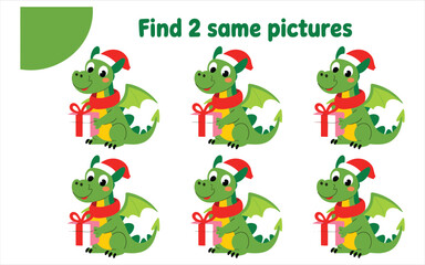 Fototapeta premium Green cartoon dinosaur characters in red hats, find the matching pair puzzle