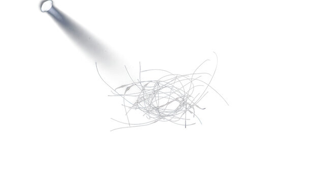 Fine silver metallic threads catch a sharp spotlight, floating isolated on a transparent background.