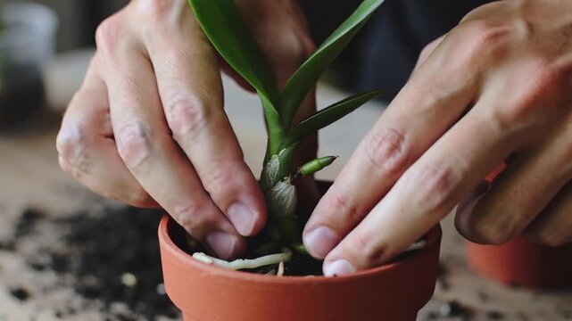 Holding plant, hands lowering plant into terracotta pot on table, tucking soil stabilizing roots