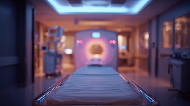 Medium shot of a pediatricfriendly MRI gantry with soft ambient lighting highlighting the patient table background equipment blurred for a calm medical environment.