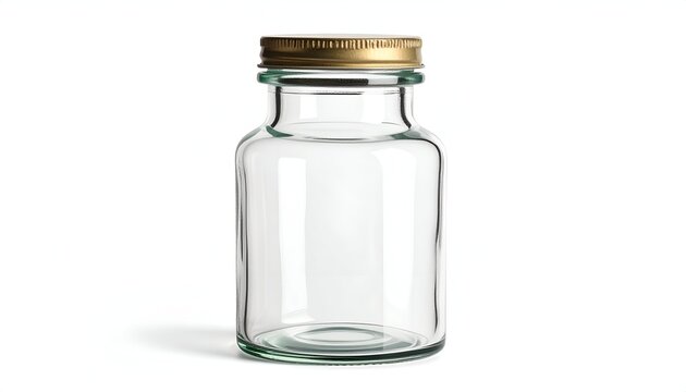 A transparent, cylindrical glass vial with a gold-colored metal cap, isolated against a white background. This bottle is empty and appears unused