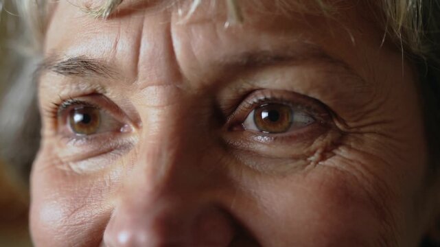 Blinking senior woman reacting to warm light at home, shifting gaze center right showing hazel eyes