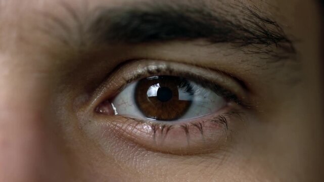 Starting camera, adult male focusing right eye at studio, showing window reflection