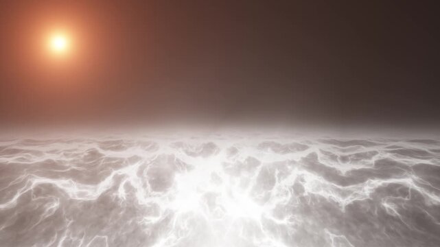 Abstract surreal alien landscape with glowing light waves and distant sun