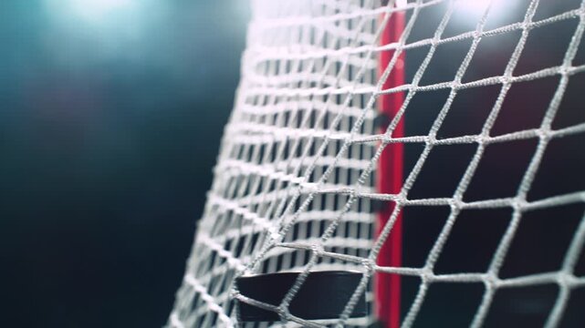 Super Slow Motion Hockey Goal on Black Background. Puck Hitting Net at 1000fps