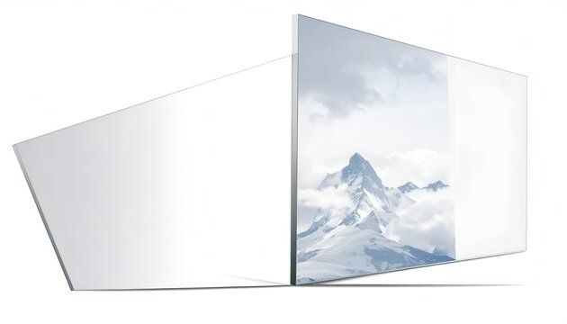 An abstract depiction presents a mountainscape within a partially obscured rectangular frame, emphasizing the contrast