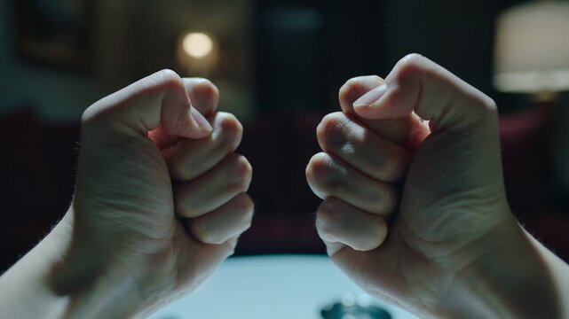 Curling adult hands starting motion into tight fists above pale tabletop at home, with ring visible