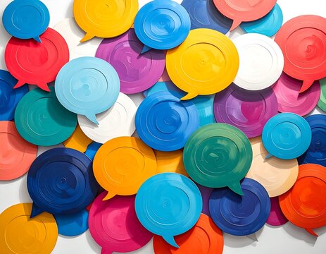 Overhead shot of numerous colorful, 3D speech bubbles clustered together, creating a vibrant and engaging visual