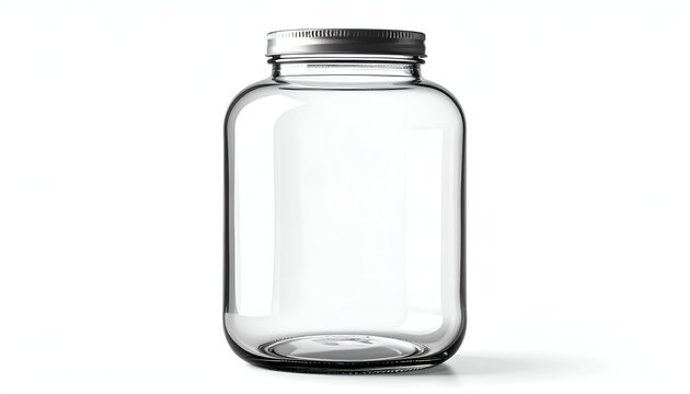 An empty clear glass container with a metal lid sits on a white background, suitable for product mockups