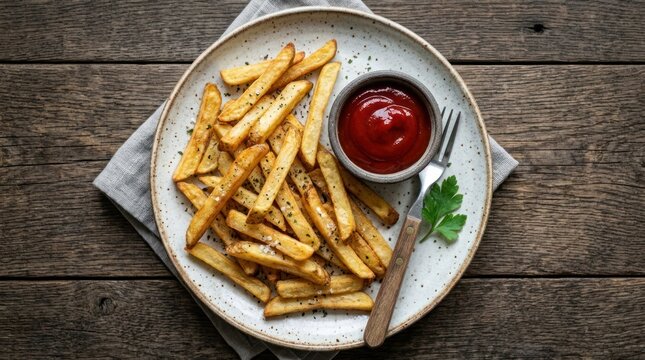 A rustic wooden plate holds a generous portion of golden-brown, crispy french fries. A small ramekin filled with red ketchup sits beside a fork and a sprig of fresh parsley.