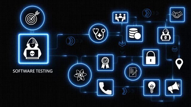 Software testing technology icons network with glowing blue digital interface quality assurance system debugging process concept motion graphics 4k animation video