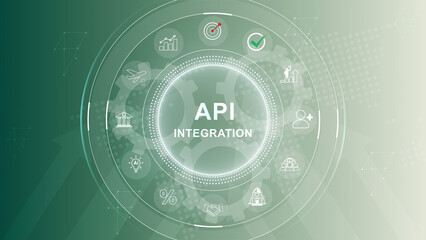 Obraz premium API Integration and Software System Connectivity Technology Concept. 3d Motion graphics of technology icon interface background