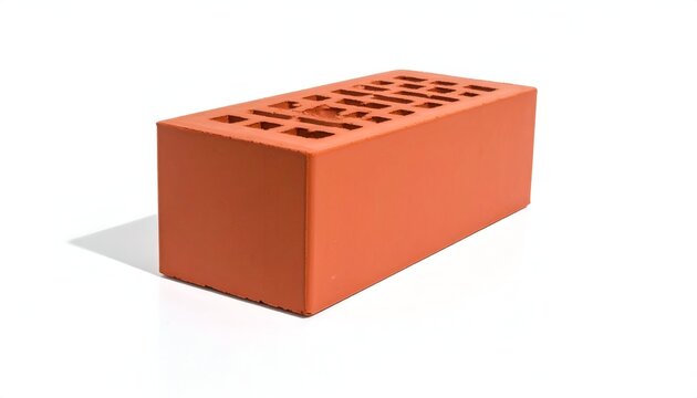 Close-up of a single, vibrant orange-red building component. It?s rectangular, featuring holes on its top surface and casting a defined shadow