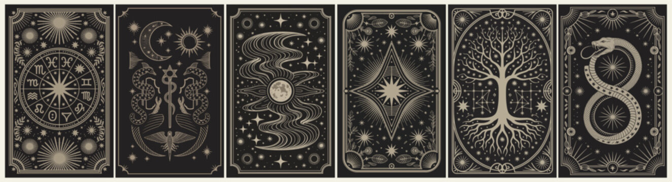 Six mystical tarot cards glow softly against dark backgrounds. Each card holds ancient symbols, stars, and cosmic imagery. Patterns swirl around celestial bodies and sacred trees