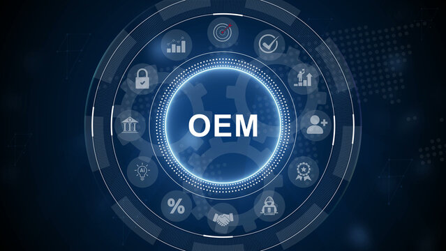 OEM Original Equipment Manufacturer concept. Interface technology, the future of user experience, journey and technology concept. 3d Motion graphics of technology icon interface background