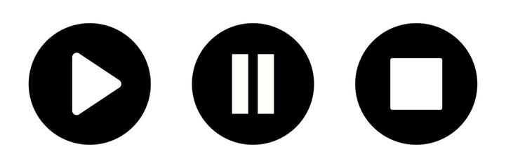 Play pause stop icon set for audio video player in button styles. Media control UI icons for apps, music track, recording, web players and streaming platforms © Point Nemo