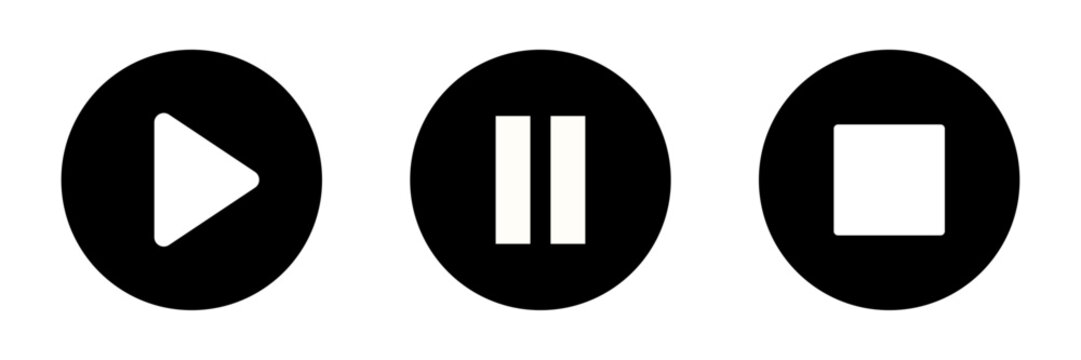 Play pause stop icon set for audio video player in button styles. Media control UI icons for apps, music track, recording, web players and streaming platforms