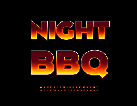 Vector Culinary Advertisement Night BBQ. Flame Cool Font. Burning Effect Alphabet Letters and Numbers set.