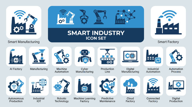 Smart Industry  vector icon set. Featuring robotic arm, AI factory, IoT, automation, digital manufacturing, and predictive maintenance concepts.