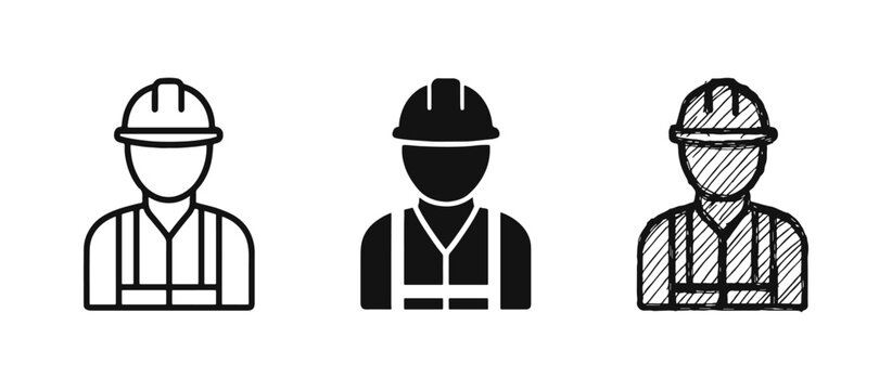 Construction worker in reflective vest and safety helmet icon set.