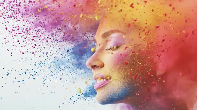 Woman's face is adorned with colorful powder creating an artistic explosion of hues. Bright studio setting showcases creativity and expression. Concept of art, beauty, events