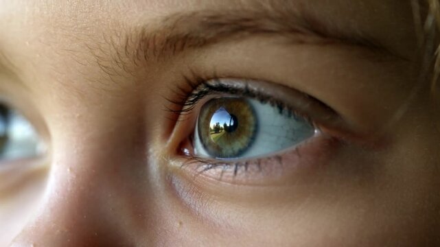 Recording child's right eye watching trees through window, adjusting pupil, reflecting scene