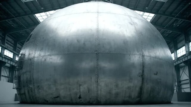 Giant Metal Sphere with Windows in Industrial Warehouse