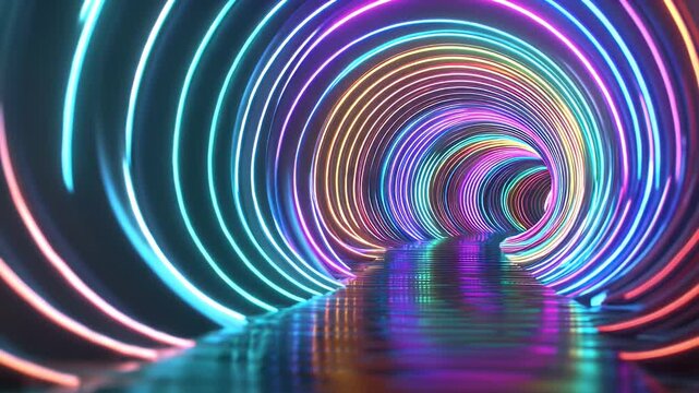 Abstract motion in this visually immersive 3D animation featuring a winding neon tunnel with glowing colorful circles creating a mesmerizing and dynamic illusion.