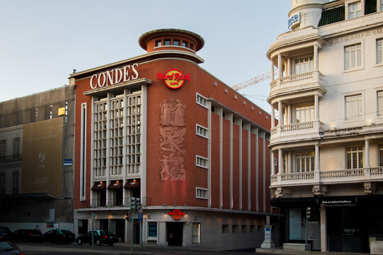 Condes art nouveau  elegant historic building facade at Praca dos Restauradores town square,  Lisbon, , Portugal