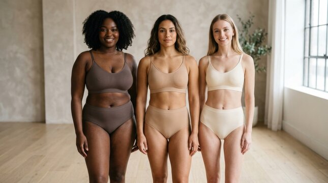 Confident and diverse women of different ethnicities and body types smiling in comfortable, natural-toned underwear sets, promoting body positivity and inclusivity.