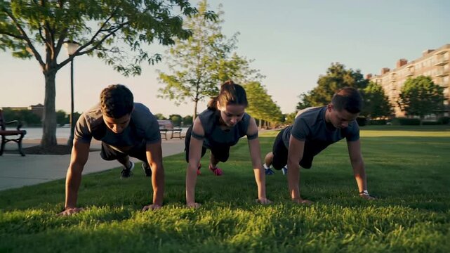 Responding to warm light, three adults doing synced push-ups on riverside lawn, wearing gray shirts