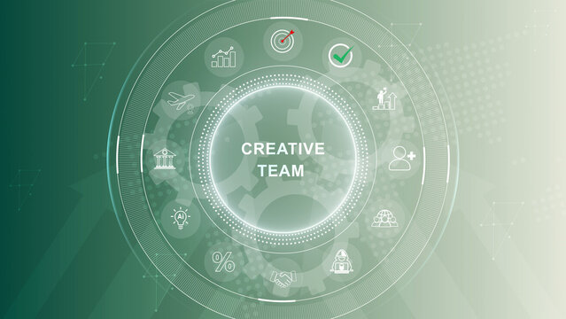 Creative Team, futuristic holographic advanced HUD circle platform Business, Technology concept. 3d Motion graphics of technology icon interface background
