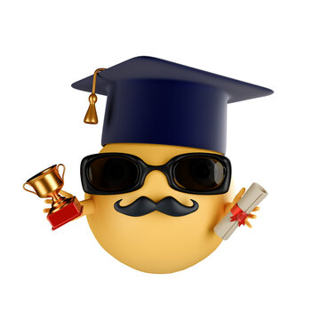 Funny emoji character graduate with mustache holding trophy and diploma for academic achievement.3 d render