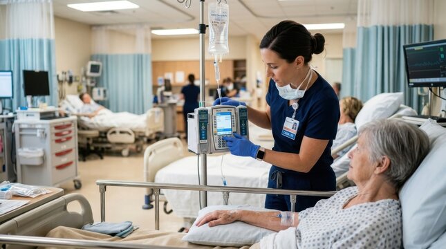 Nurse adjusts an intravenous drip for an elderly female patient in a busy hospital ward, demonstrating dedicated medical care and professional healthcare assistance.