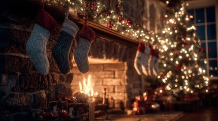 Fototapeta premium A cozy fireplace adorned with stockings and a Christmas tree in the background,