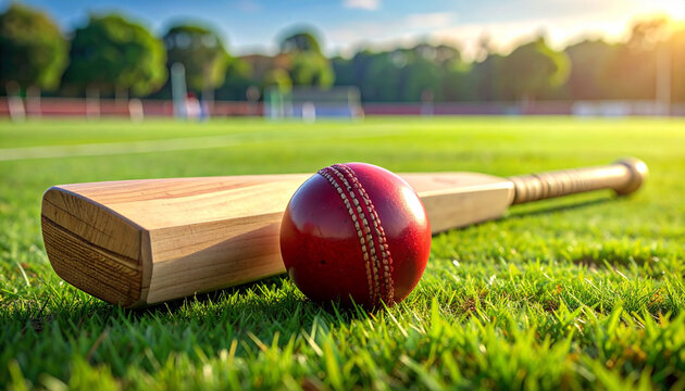 Cricket ball and bat on green field