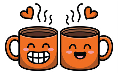 Obraz premium Two cartoon coffee cups with steam and faces brown
