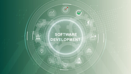 Obraz premium Software development team collaboration and technical process abstract design. business technology. 3d Motion graphics of technology icon interface background