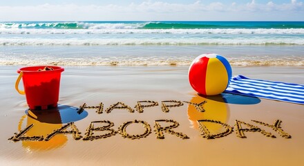 Labor day beach scene with colorful beach items and message in sand