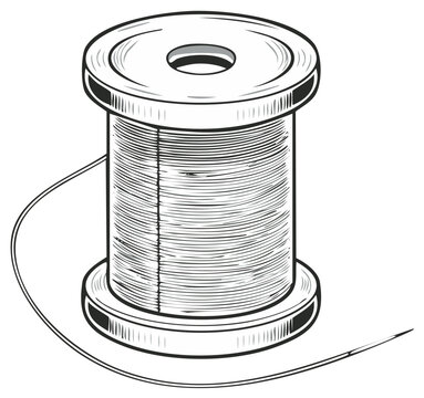 Classic sewing spool with needle and thread detailed line art illustration