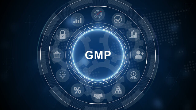 GMP Good Manufacturing Practice text animation. 3d Motion graphics of technology icon interface background
