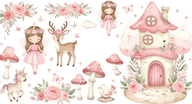 Whimsical fantasy scene with deer mushrooms flowers and a pink fairy tale house in a magical forest setting