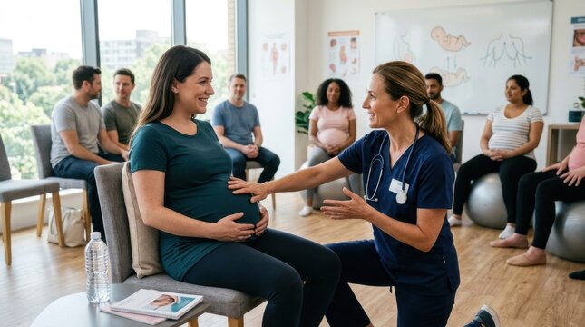 Caring healthcare professional provides guidance to a smiling pregnant woman during a prenatal education class for expectant parents.