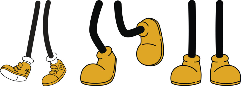 Cartoon hands, arms, and legs icon set in various gestures including thumbs up, peace sign, handshake and walking poses in yellow and black style isolated on white background.