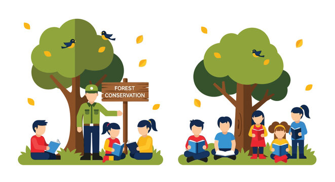 Children learn about forest conservation with a park ranger outdoors