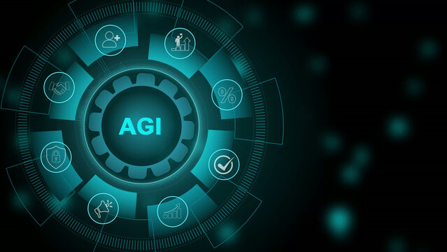 AGI - Artificial General Intelligence icons Set &ndash; AGI Technology, Machine Learning, Neural Networks, AI Brain Concepts. 3d Motion graphics of technology icon interface background