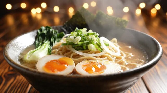 Hot steaming ramen bowl.