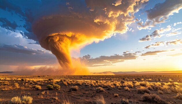 Majestic dust devil swirling rapidly across dry desert landscape under dramatic sunset clouds