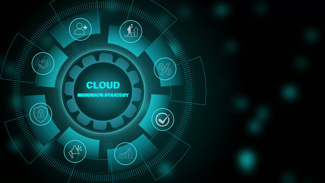 Visualizing cloud migration strategy global connectivity and business technology concepts.Digital Circuit Network Technology. 3d Motion graphics of technology icon interface background
